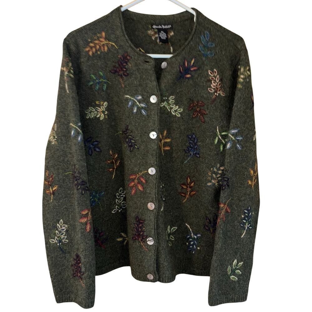 Vintage Alexandra Bartlett women’s 100% wool cardigan green leaves (size XL)